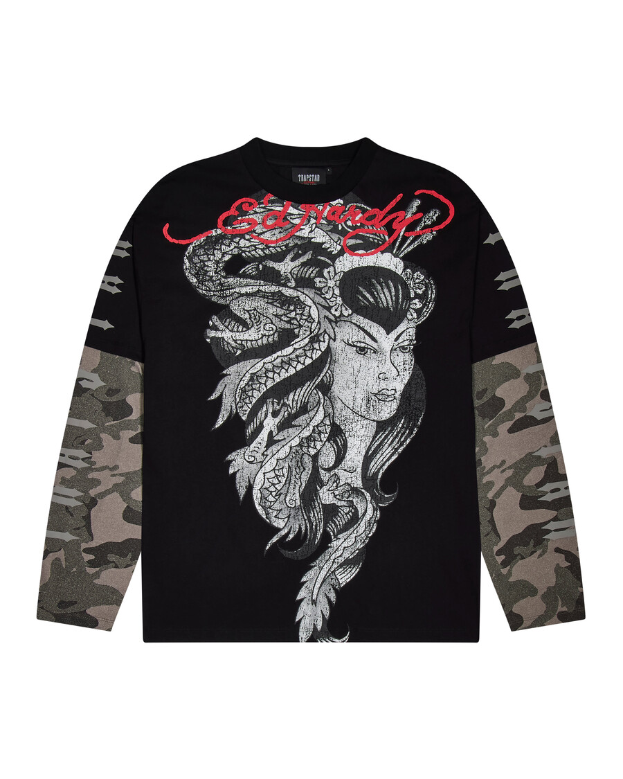 t-shirt manches longues trapstar x ed hardy medusa - noir délavécamouflage