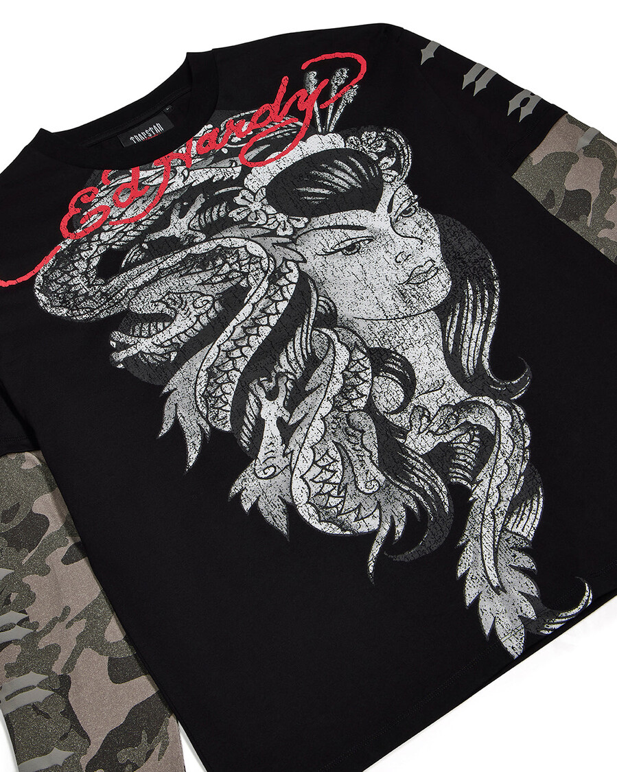 t-shirt manches longues trapstar x ed hardy medusa - noir délavécamouflage