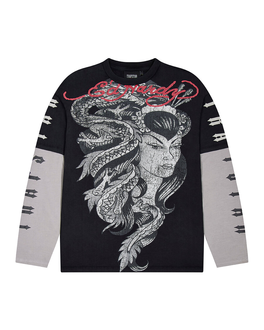 t-shirt manches longues trapstar x ed hardy medusa - noirblanc