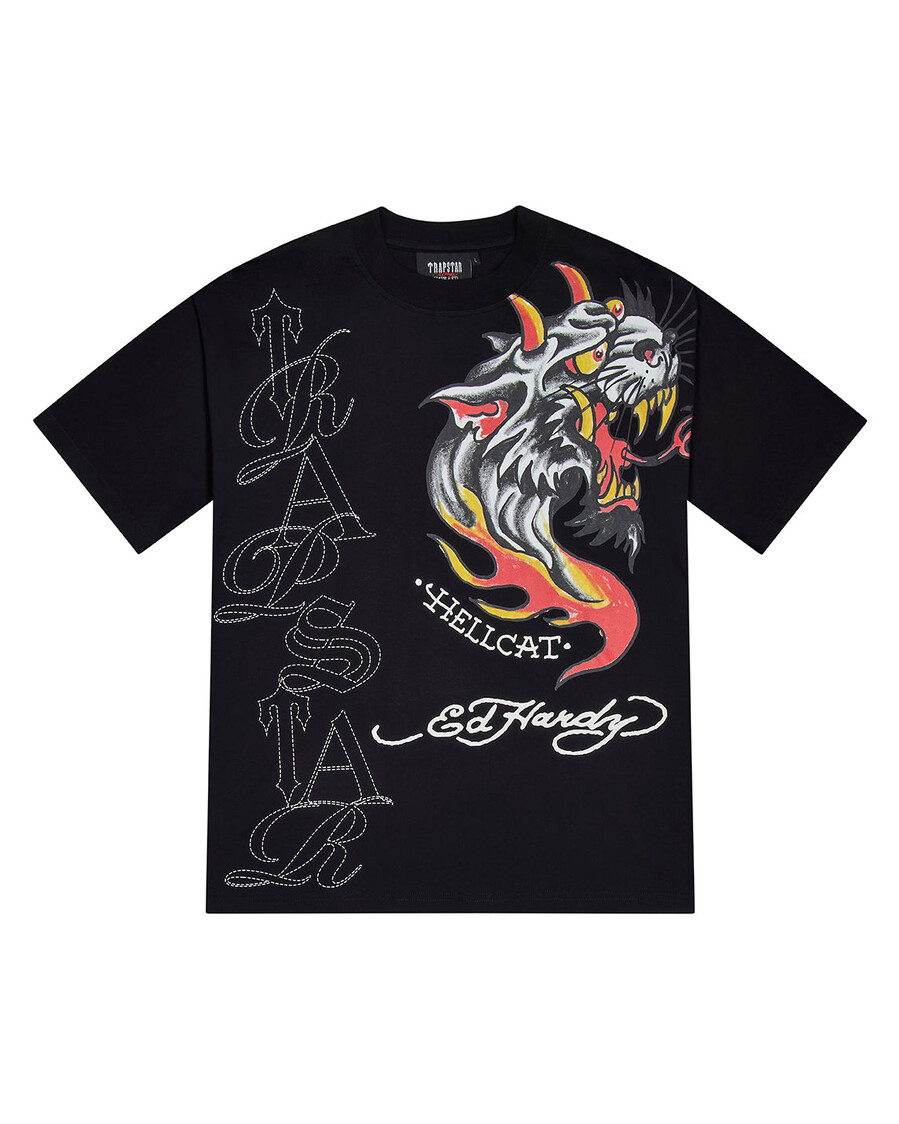 t-shirt trapstar x ed hardy hell cat - noir