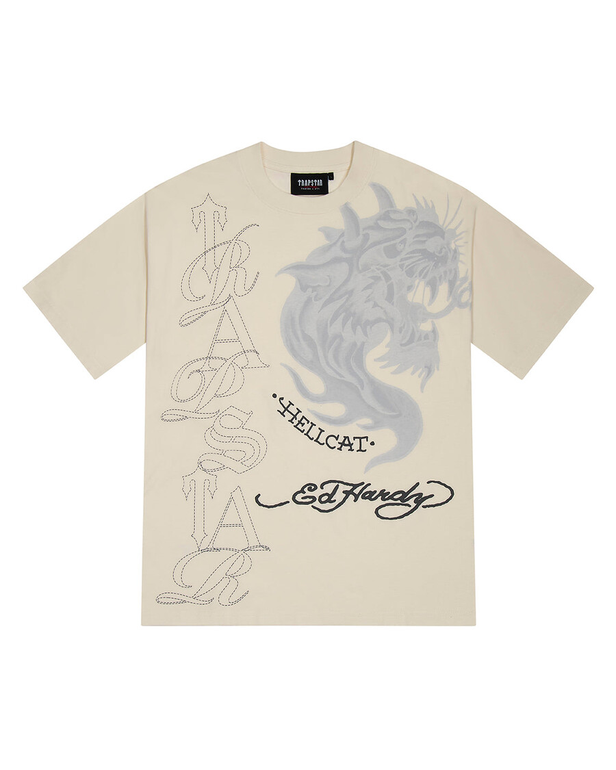 t-shirt trapstar x ed hardy hell cat - naturel